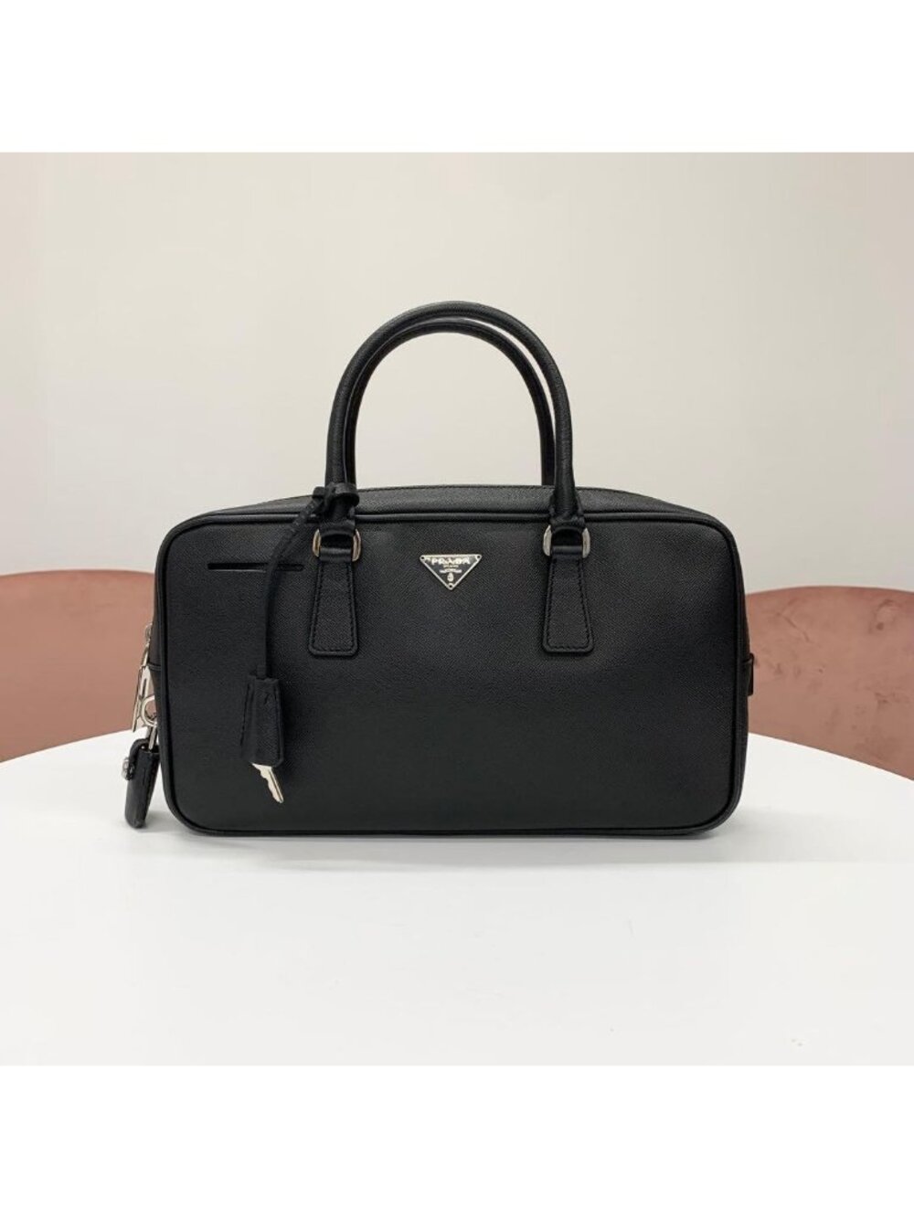 Prada Saffiano Leather Triangle Logo Handbag Black